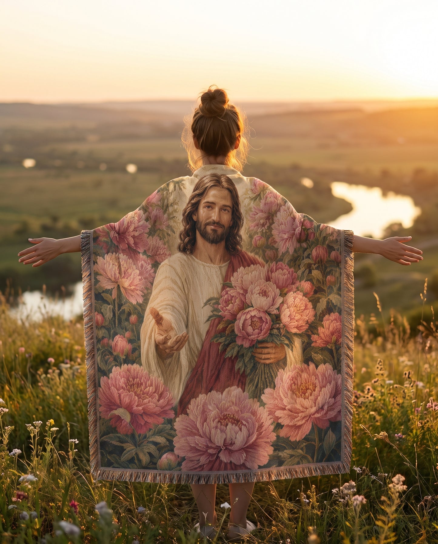 Sunset meadow lifestyle - Jesus Bouquet of Grace Floral Woven Blanket