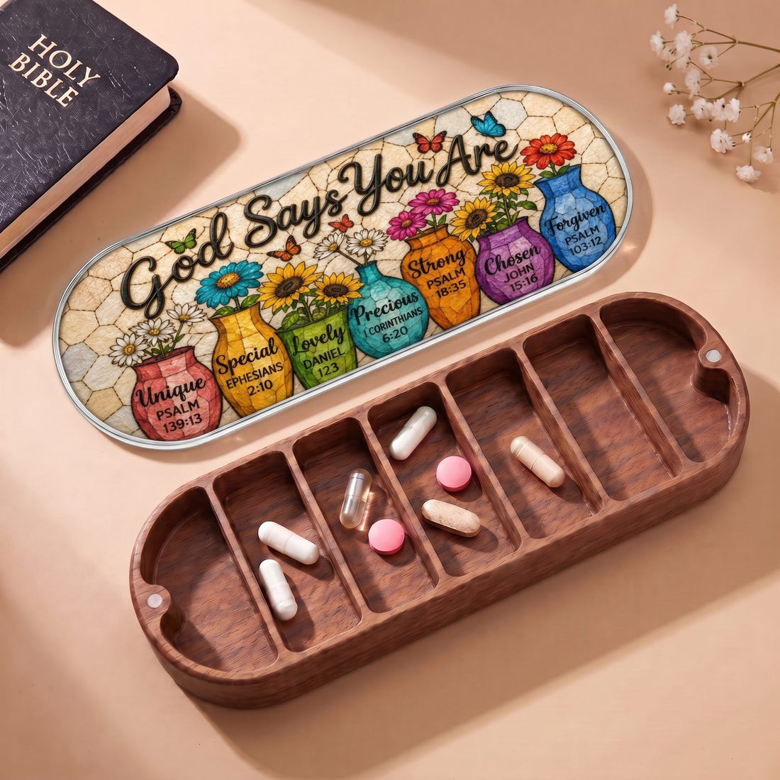 "God Says You Are — Christian Affirmation Floral Mosaic" Pill Case — open Pill Case with Holy Bible, flowers, and assorted pills