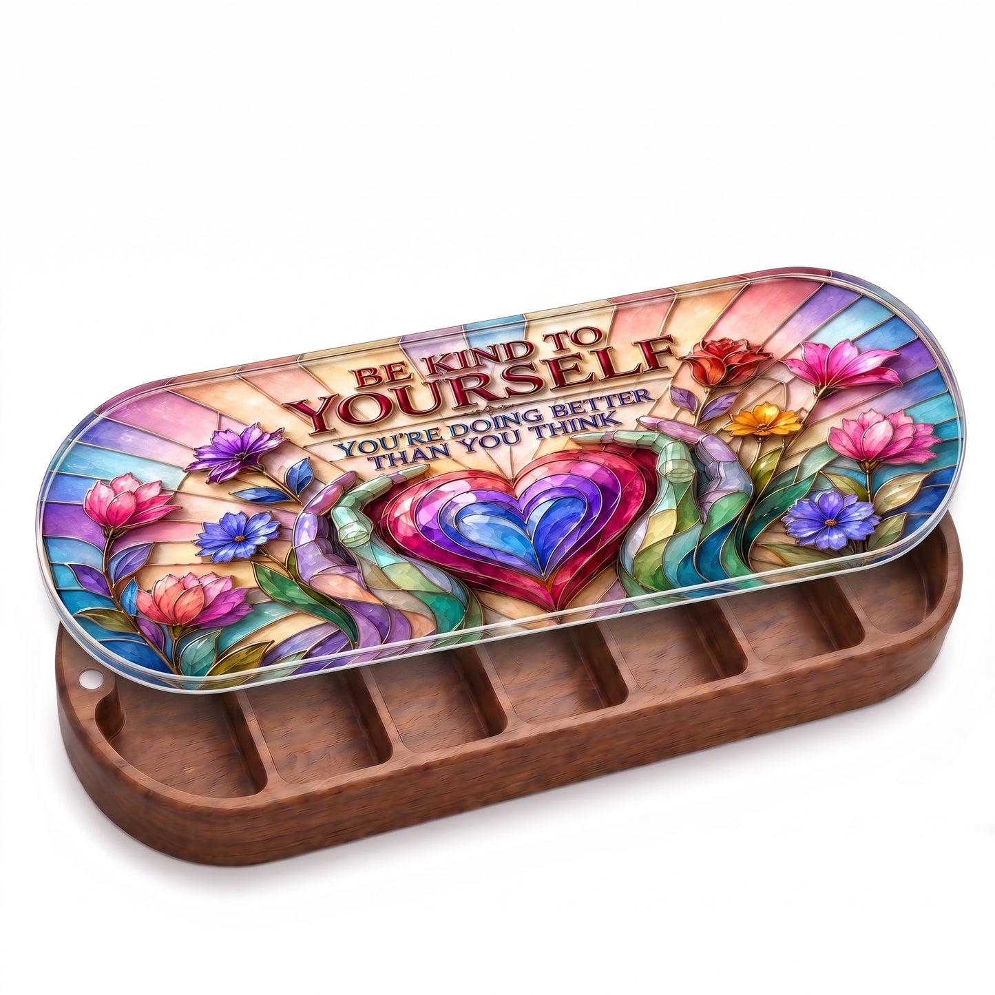 Be Kind to Yourself floral heart stained-glass Pillcase clean product render on white