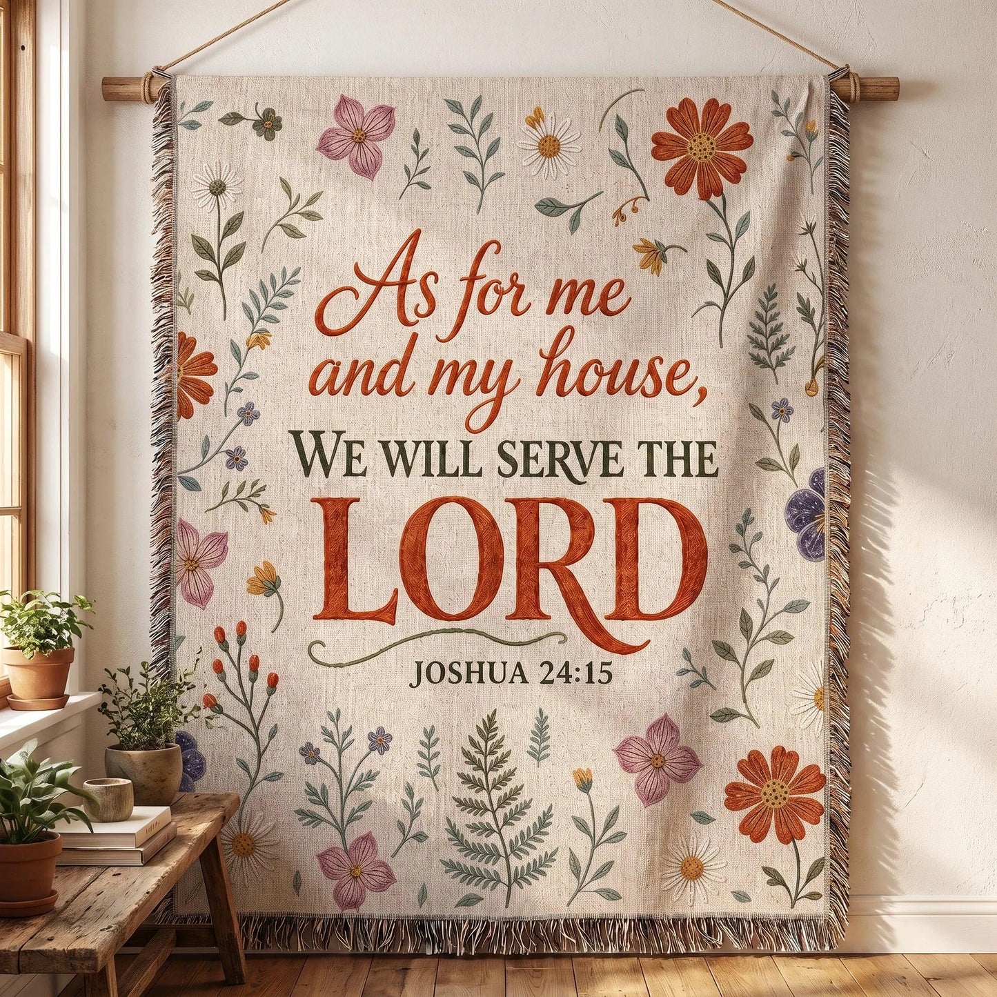 As for Me and My House - Joshua 24:15 Rustic Botanical Woven Blanket