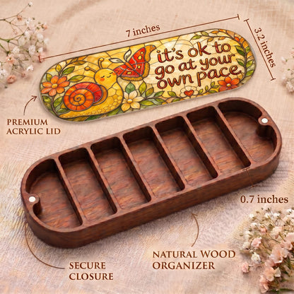 "It’s OK to Go at Your Own Pace — Snail & Butterfly Stained Glass" Pill Case — Pill Case dimensions, acrylic snail lid, natural wood organizer, and secure closure