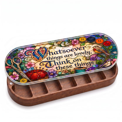 Open wooden Pillcase with scissors, pincushion, buttons, thread, flowers and songbirds stained-glass lid on white