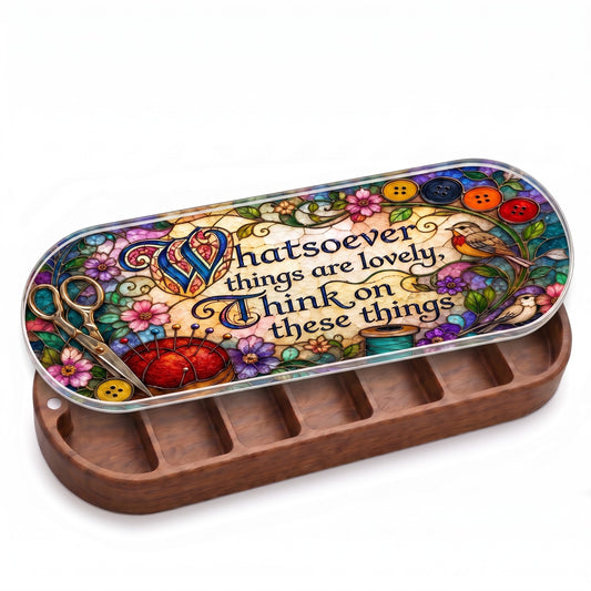 Open wooden Pillcase with scissors, pincushion, buttons, thread, flowers and songbirds stained-glass lid on white
