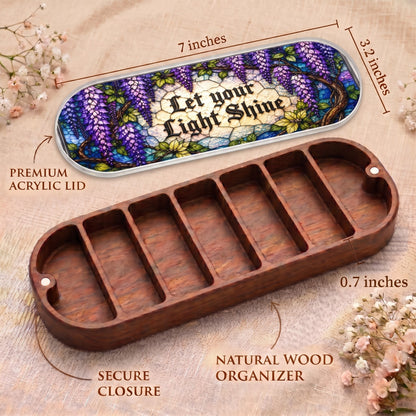 Let Your Light Shine Pillcase dimensions with wisteria acrylic lid, secure closure and natural wood organizer