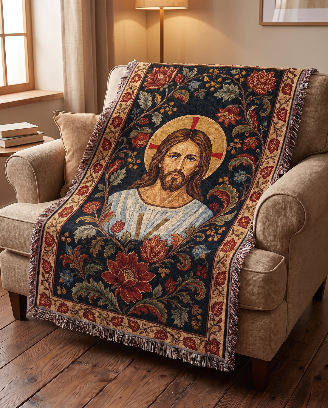 Jesus Christ Icon Floral Woven Blanket
