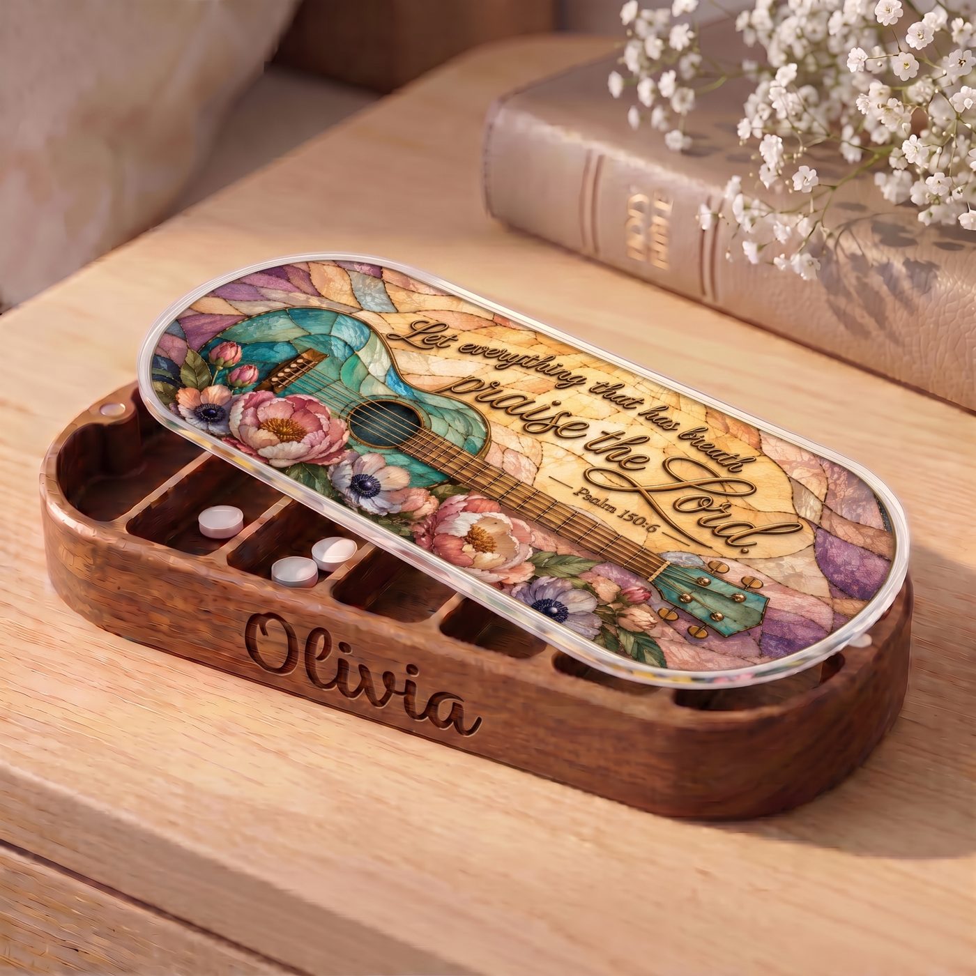 "Let Everything That Has Breath Praise the Lord — Psalm 150:6" Pill Case — personalized open Pill Case with turquoise guitar artwork on wooden table