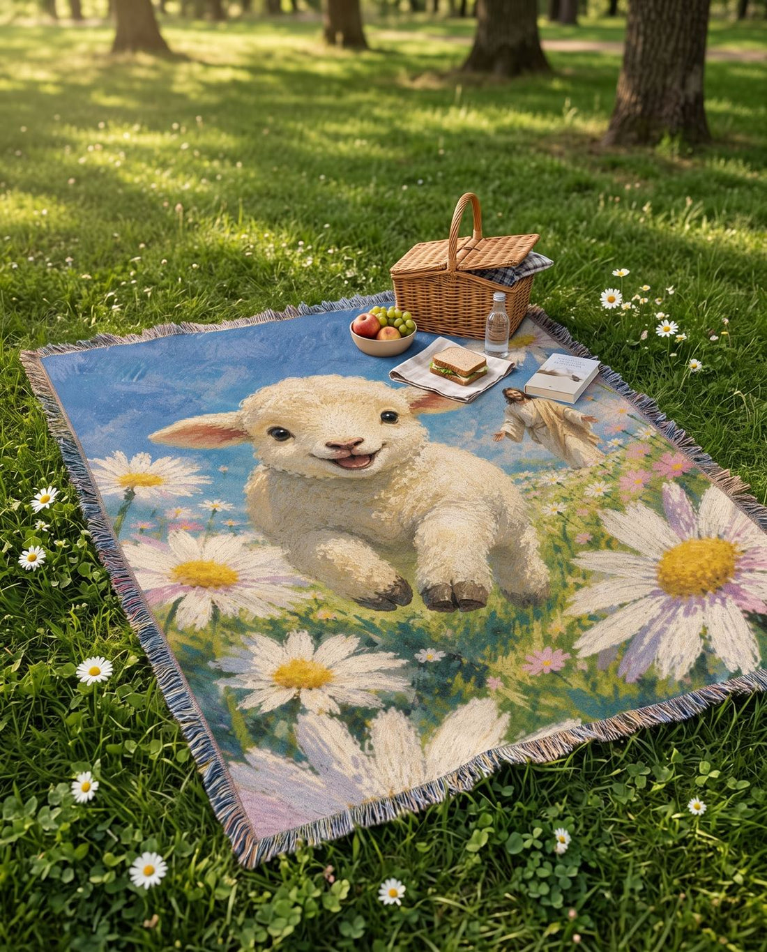 Joyful Lamb with Jesus in the Daisy Meadow Woven Blanket