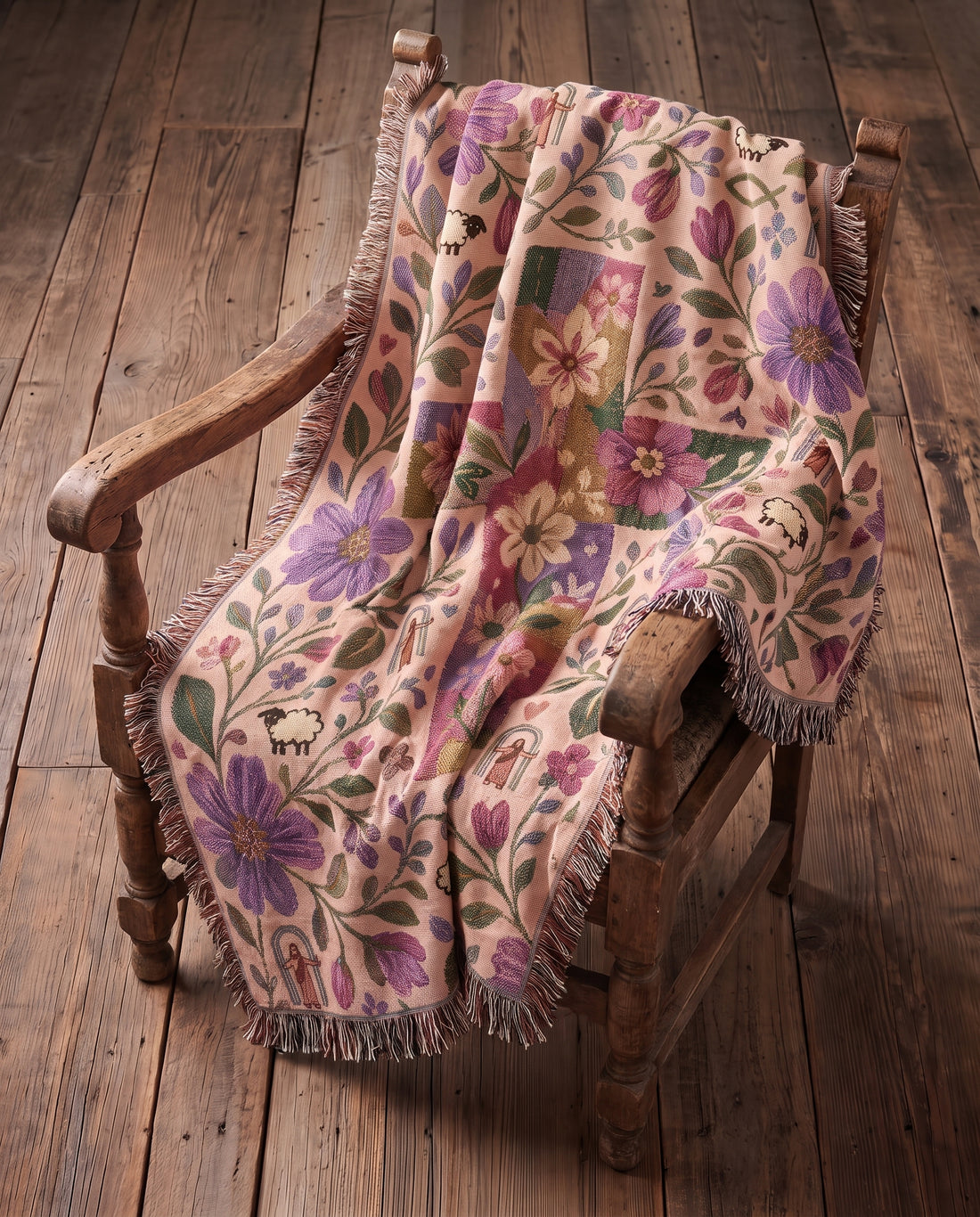 Meadow Cross of Faith - Shepherds Garden Woven Blanket - Meadow Cross of Faith woven blanket draped on rustic rocking chair