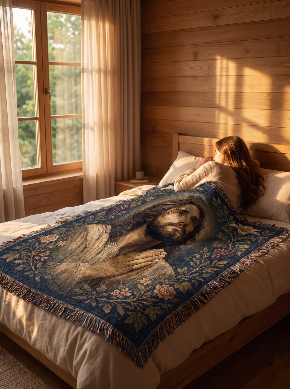 Rustic bedroom styling - Praying Jesus Garden of Grace Woven Blanket