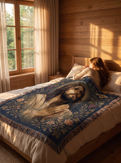 Rustic bedroom styling - Praying Jesus Garden of Grace Woven Blanket