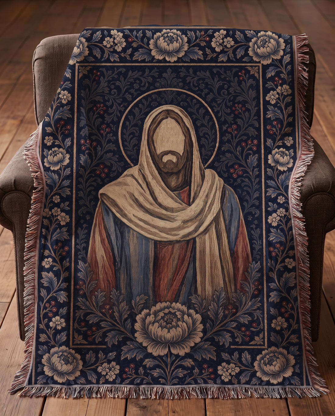 Christ icon woven blanket draped over armchair in cozy home setting