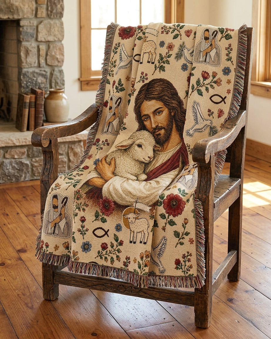 Held Close by the Good Shepherd Woven Blanket