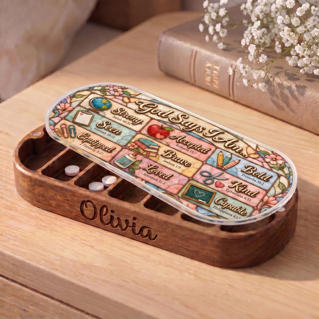 Personalized Olivia Pillcase with God Says I Am affirmations and classroom illustrations
