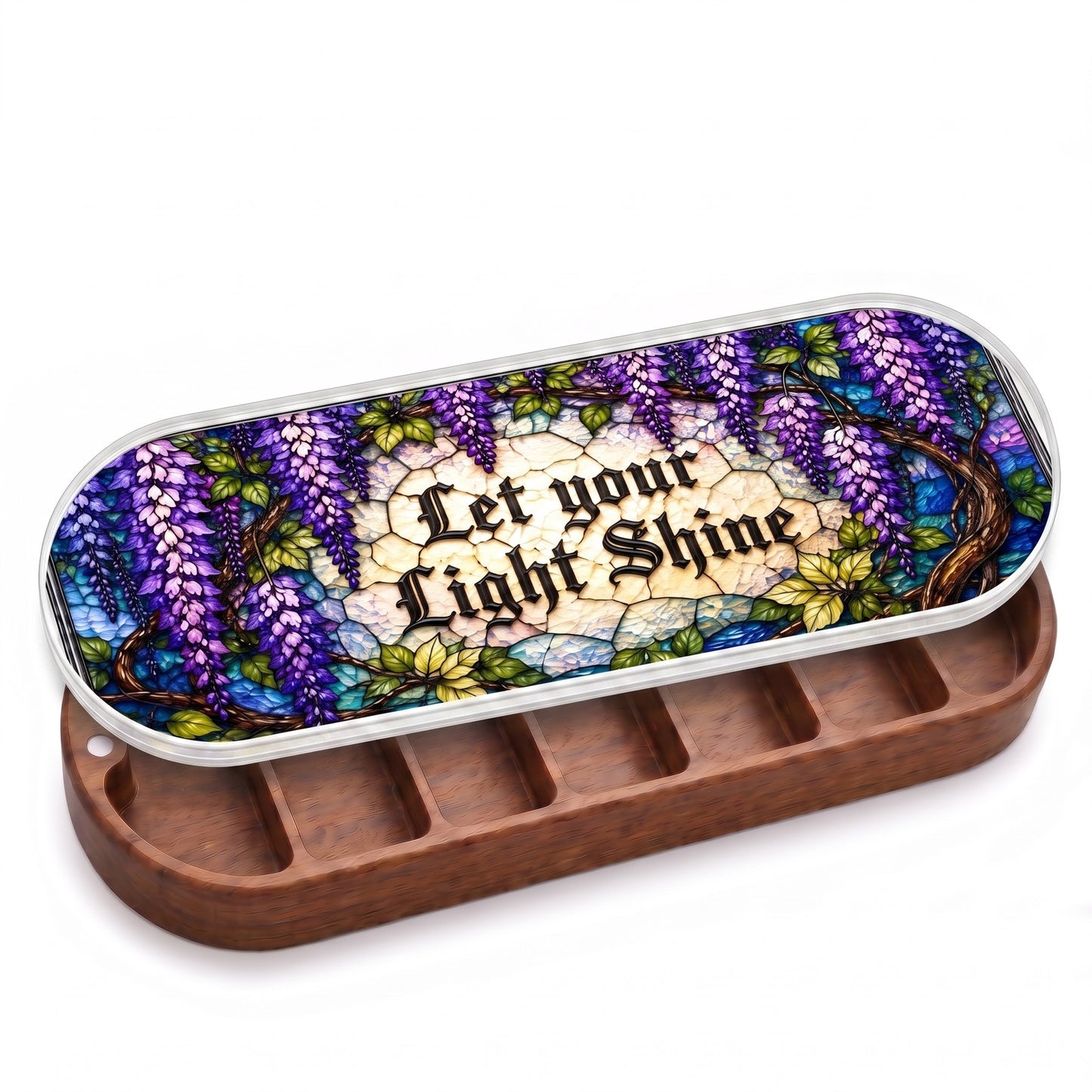 Open wooden Let Your Light Shine Pillcase with purple wisteria on a stained-glass-style lid on white