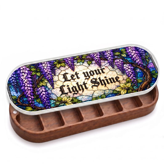 Open wooden Let Your Light Shine Pillcase with purple wisteria on a stained-glass-style lid on white