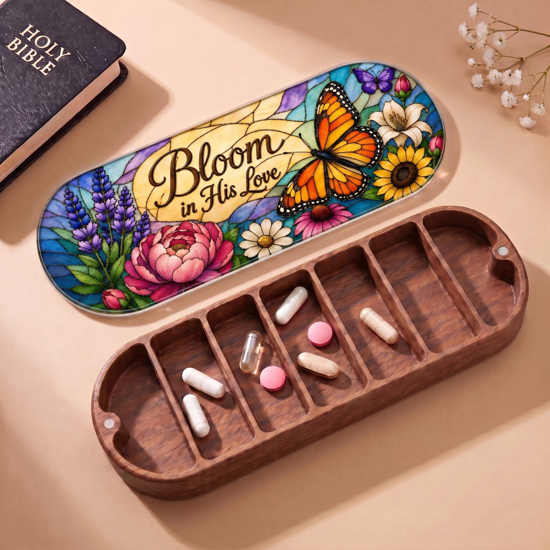 Open wooden Pillcase with Bloom in His Love lid, Holy Bible and daily tablets