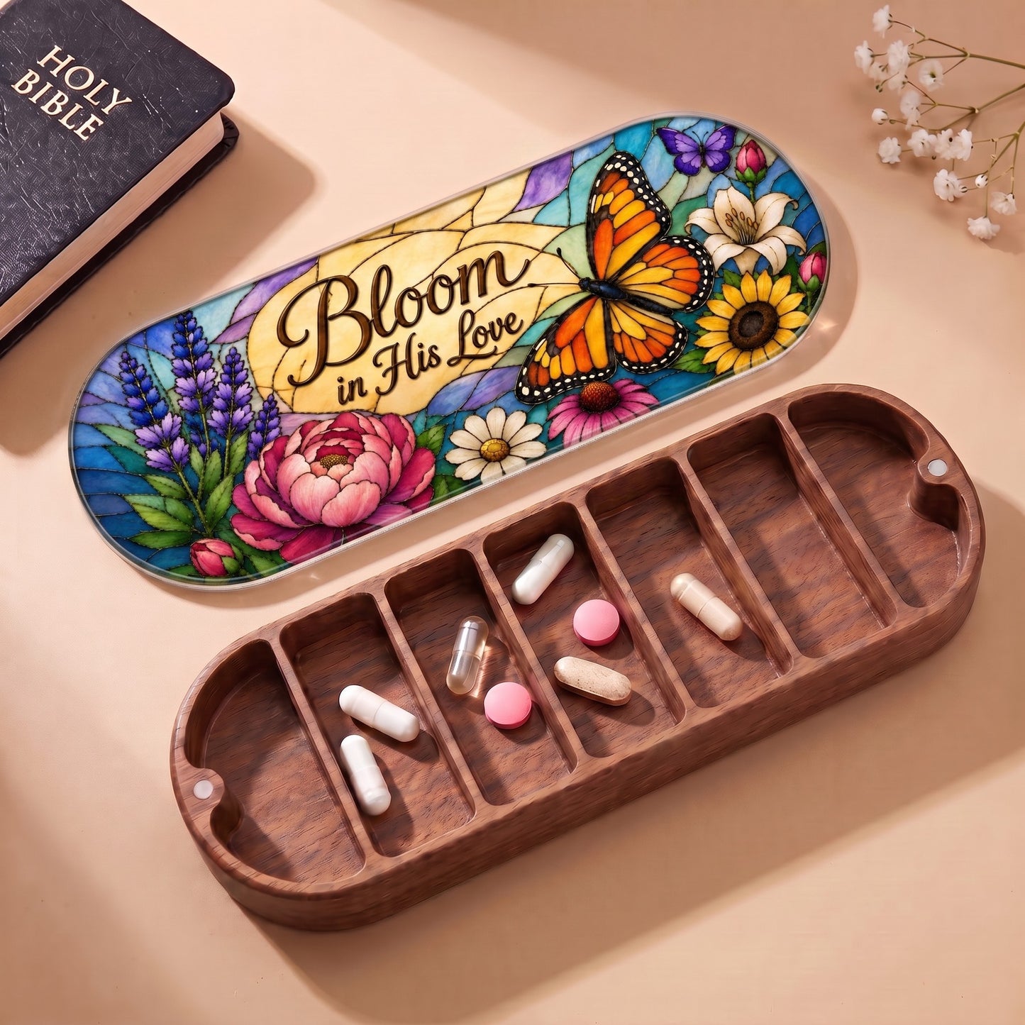 Open wooden Pillcase with Bloom in His Love lid, Holy Bible and daily tablets