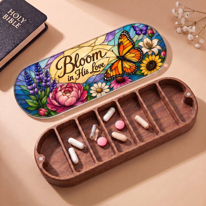 Open wooden Pillcase with Bloom in His Love lid, Holy Bible and daily tablets