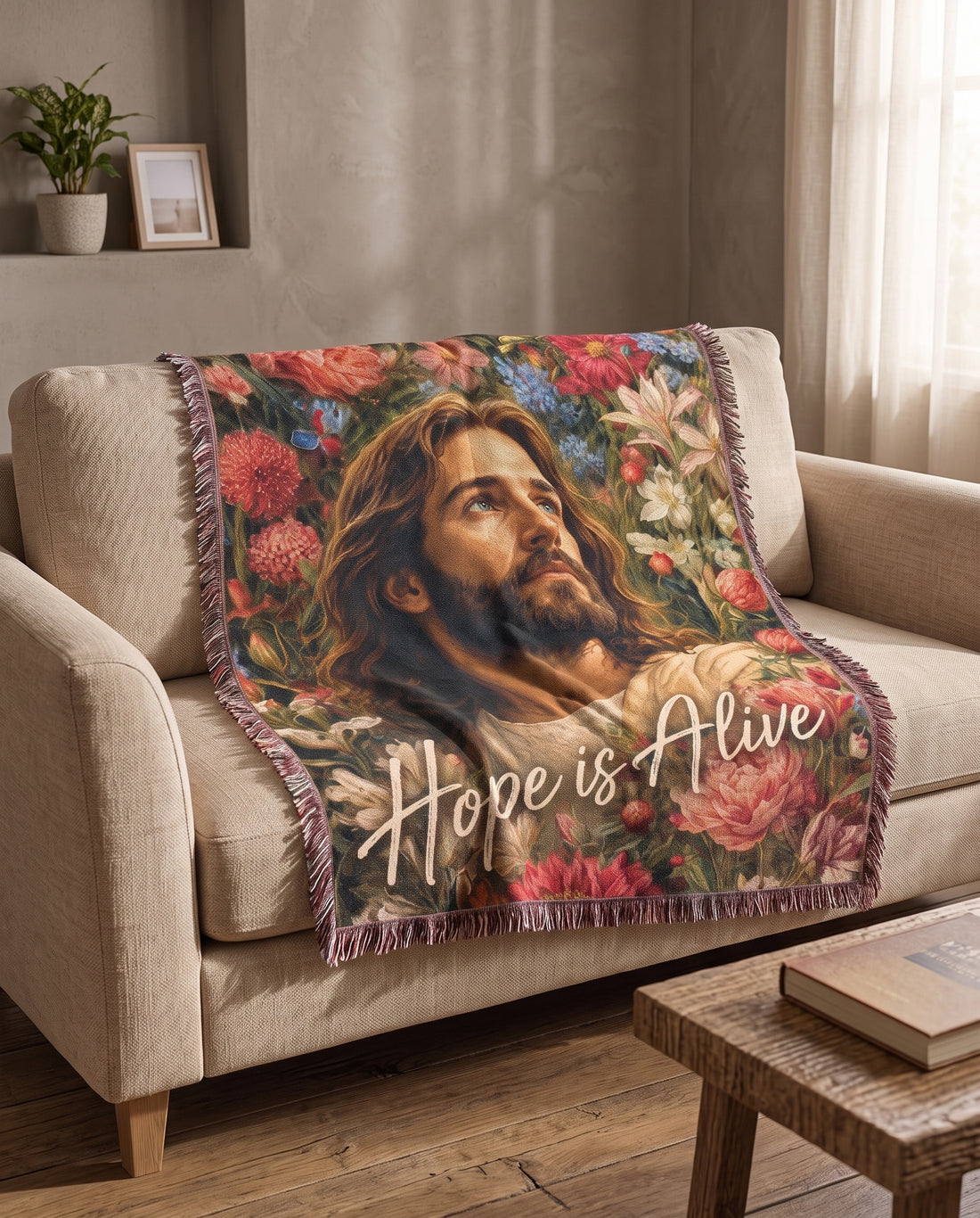 Hope Is Alive Floral Jesus Woven Blanket gallery image 7