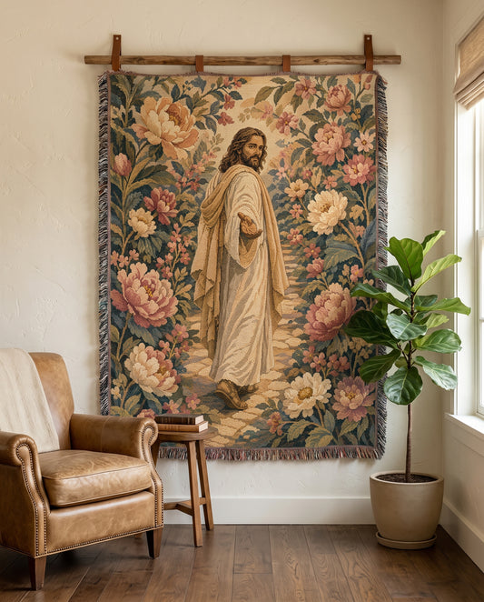 Wall tapestry styling - Walk With Jesus Vintage Floral Woven Blanket