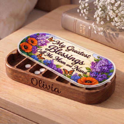 Personalized Olivia Pillcase with purple flowers, orange poppies, monarch butterflies and My Greatest Blessings Call Me Mom and Nana lid