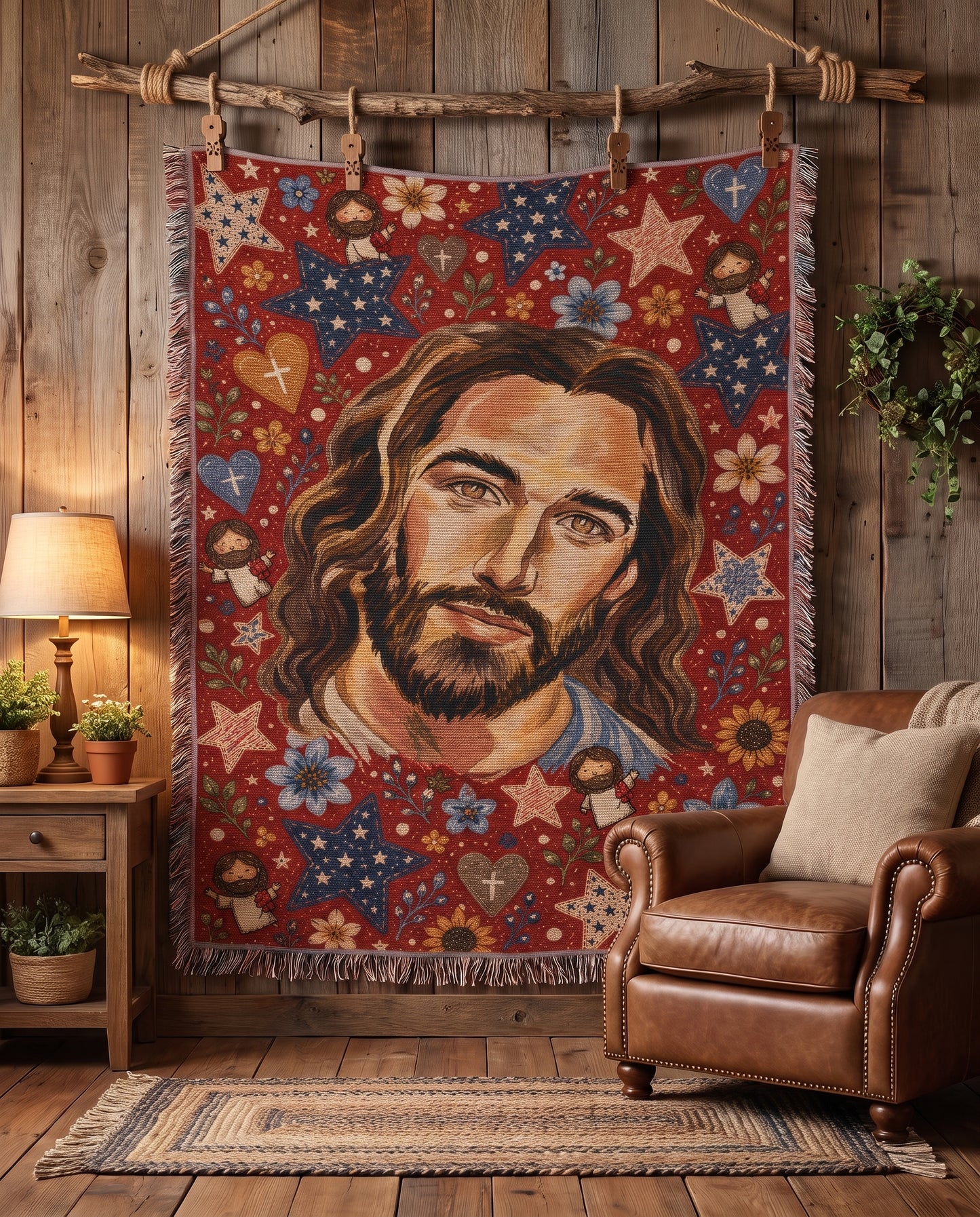 Rustic wall tapestry styling - Folk Art Savior Hearts and Stars Woven Blanket