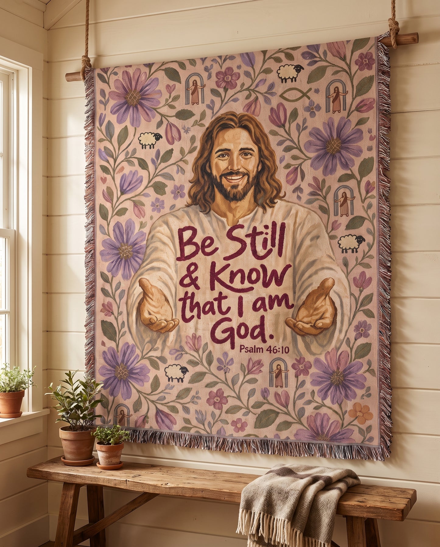 Wall tapestry styling - Be Still and Know Jesus Floral Woven Blanket