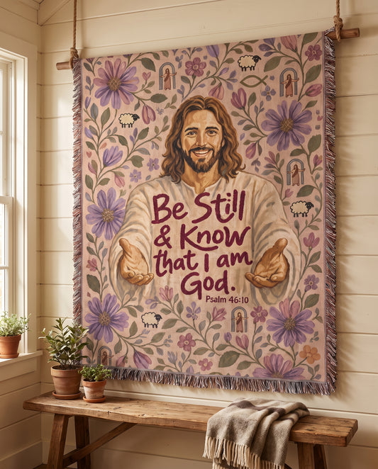 Wall tapestry styling - Be Still and Know Jesus Floral Woven Blanket