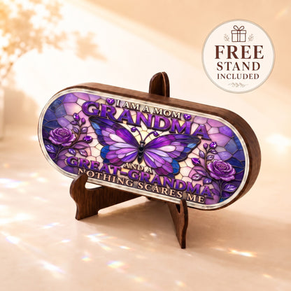 I Am a Mom Grandma and Great-Grandma Pillcase displayed on included wooden stand
