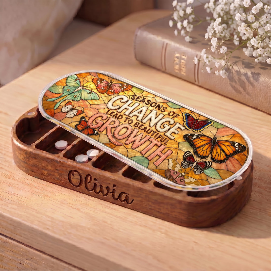 Personalized Olivia Pillcase with butterflies, moths and Seasons of Change Lead to Beautiful Growth lid