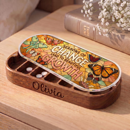Personalized Olivia Pillcase with butterflies, moths and Seasons of Change Lead to Beautiful Growth lid