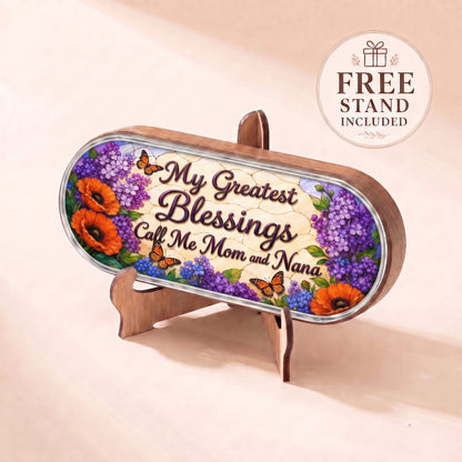 My Greatest Blessings Call Me Mom and Nana floral Pillcase displayed on included wooden stand