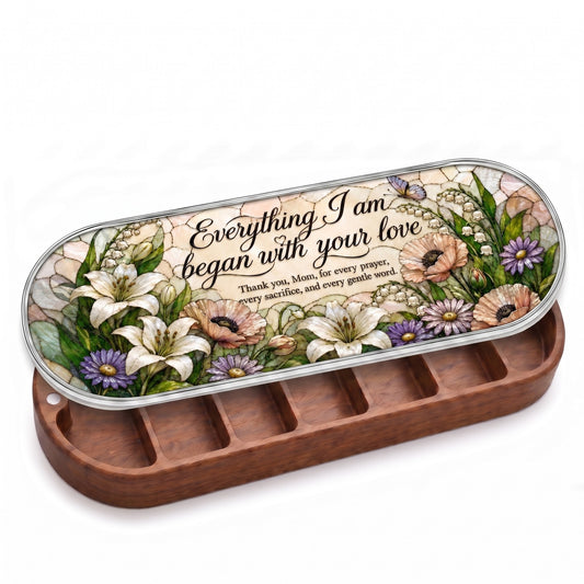 Open wooden Thank You Mom Pillcase with lilies, poppies and butterfly on a stained-glass-style lid on white