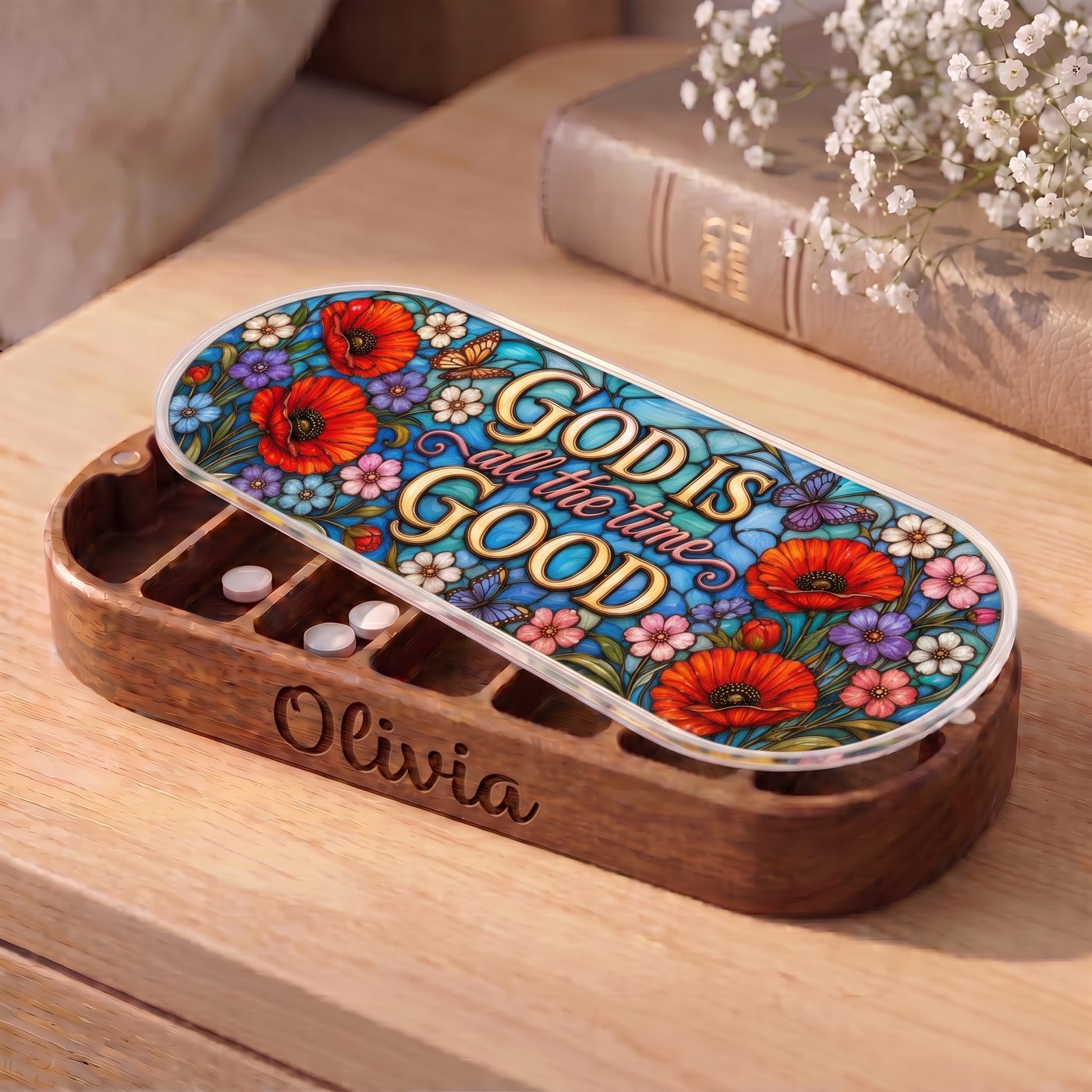 "God Is Good All the Time — Poppy Stained Glass" Pill Case personalized lifestyle view