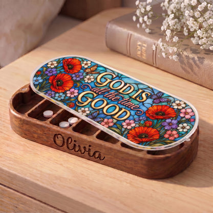"God Is Good All the Time — Poppy Stained Glass" Pill Case personalized lifestyle view