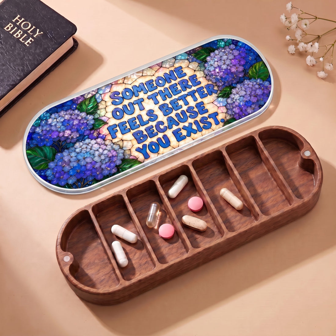 Someone Out There Feels Better Because You Exist Pillcase with Holy Bible and daily tablets