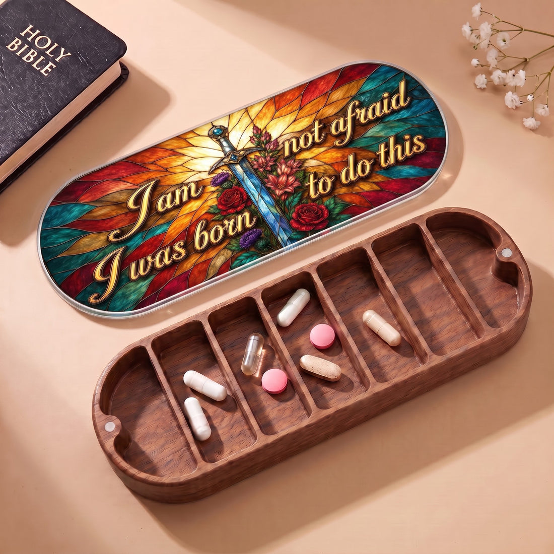 I Am Not Afraid, I Was Born to Do This Pillcase with Holy Bible and daily tablets