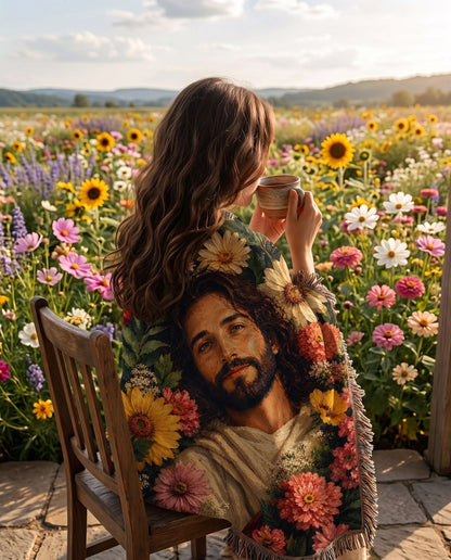 Jesus in the Garden of Grace Floral Woven Blanket