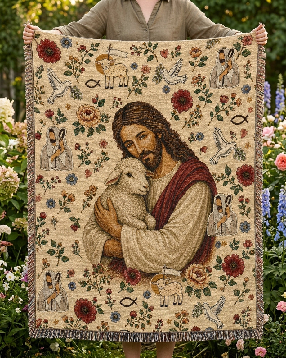 Held Close by the Good Shepherd Woven Blanket