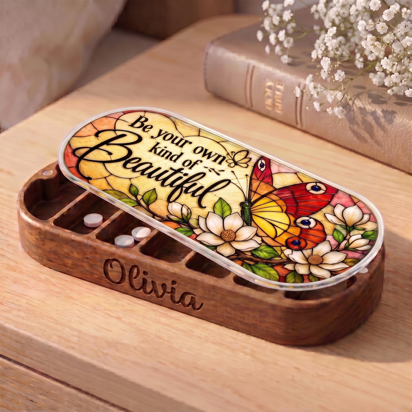 Personalized Olivia Pillcase with warm stained-glass butterfly, white flowers and Be Your Own Kind of Beautiful lid