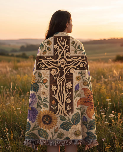 Tree of Calvary - Garden Bloom Woven Blanket - Tree of Calvary Garden Bloom woven blanket worn outdoors at golden hour