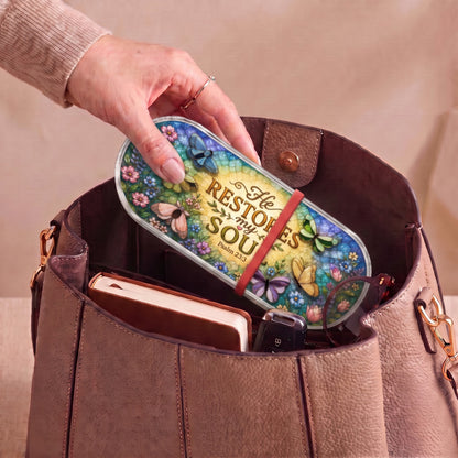 Psalm 23:3 butterfly floral Pillcase carried inside a handbag with everyday essentials