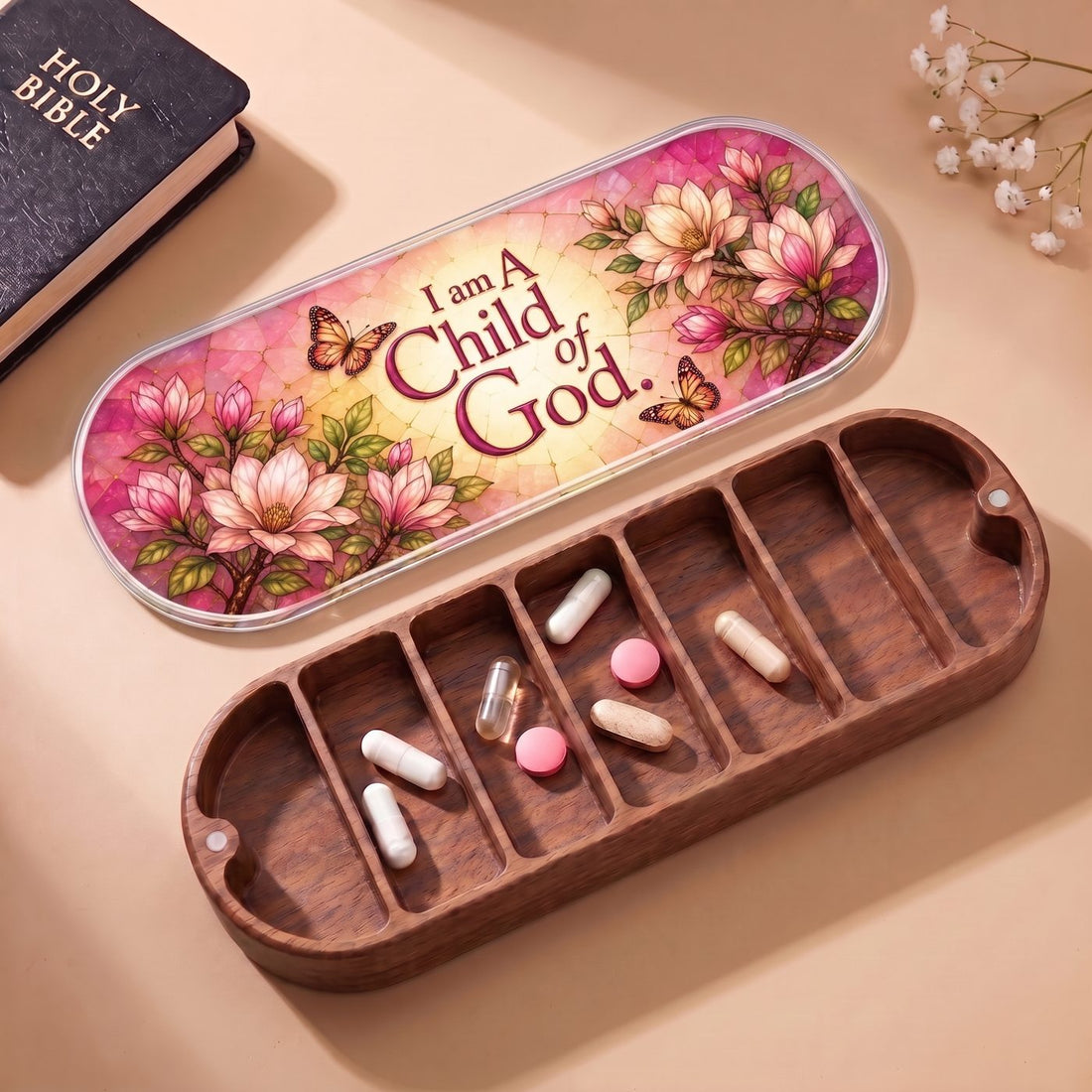 "I Am a Child of God — Magnolia & Butterfly Stained Glass" Pill Case clean product view