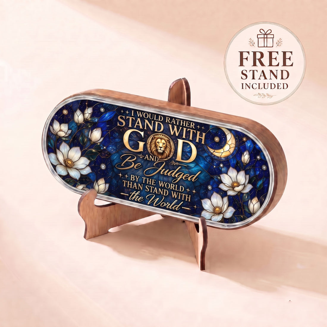 Stand with God Pillcase with lion medallion, crescent moon and white magnolia-like flowers displayed on included stand