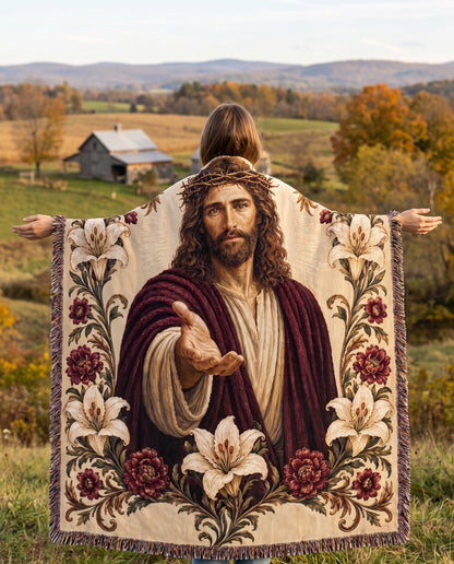 Crown of Thorns Jesus Floral Woven Blanket mockup 1