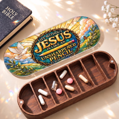 Life Without Jesus stained-glass Pillcase with Holy Bible, daily tablets and open wooden compartments