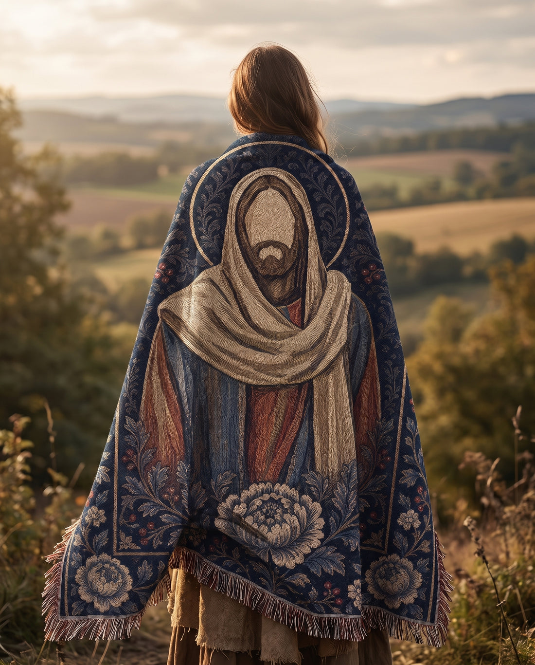 Lifestyle view of Christ icon woven blanket draped over shoulders outdoors