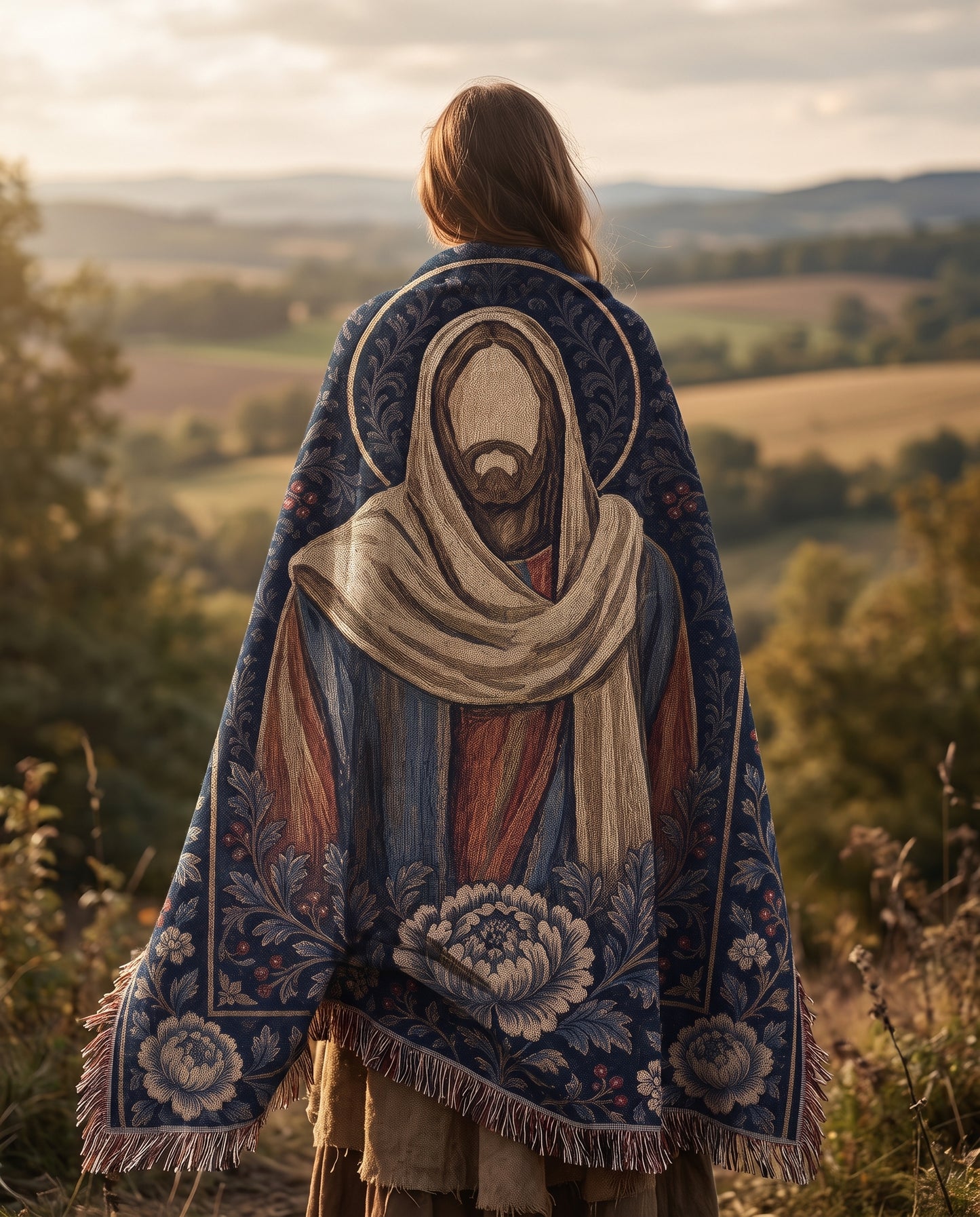 Lifestyle view of Christ icon woven blanket draped over shoulders outdoors