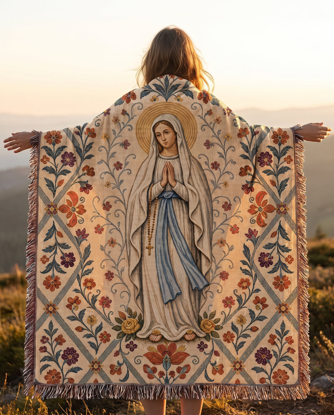 Outdoor golden hour lifestyle - Our Lady of the Rosary Garden Woven Blanket