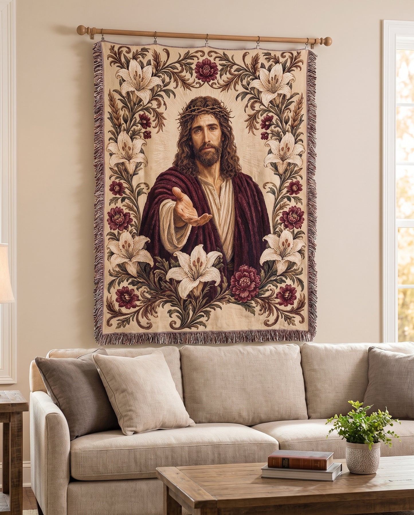 Crown of Thorns Jesus Floral Woven Blanket mockup 2